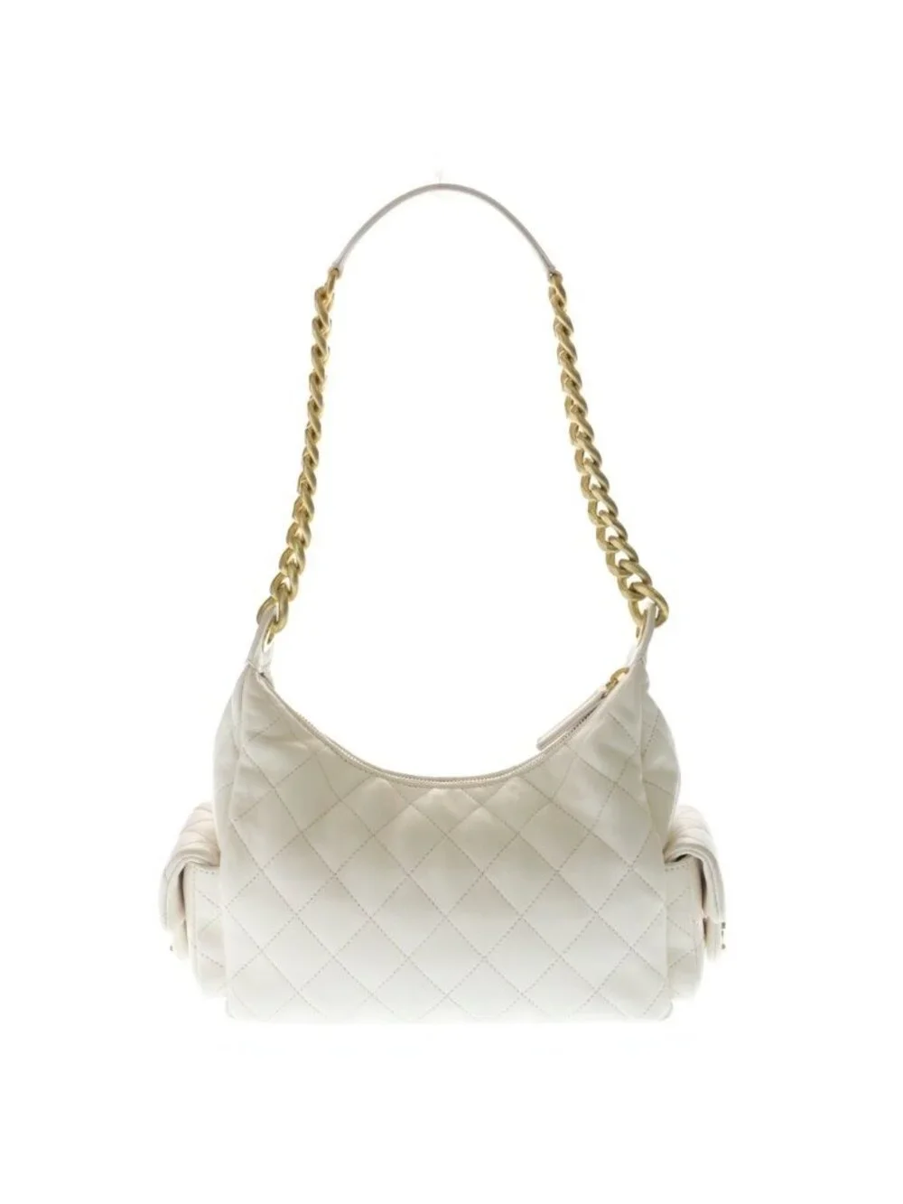Chanel Quilted Large Hobo Chain Shoulder Bag Lambskin Gold White